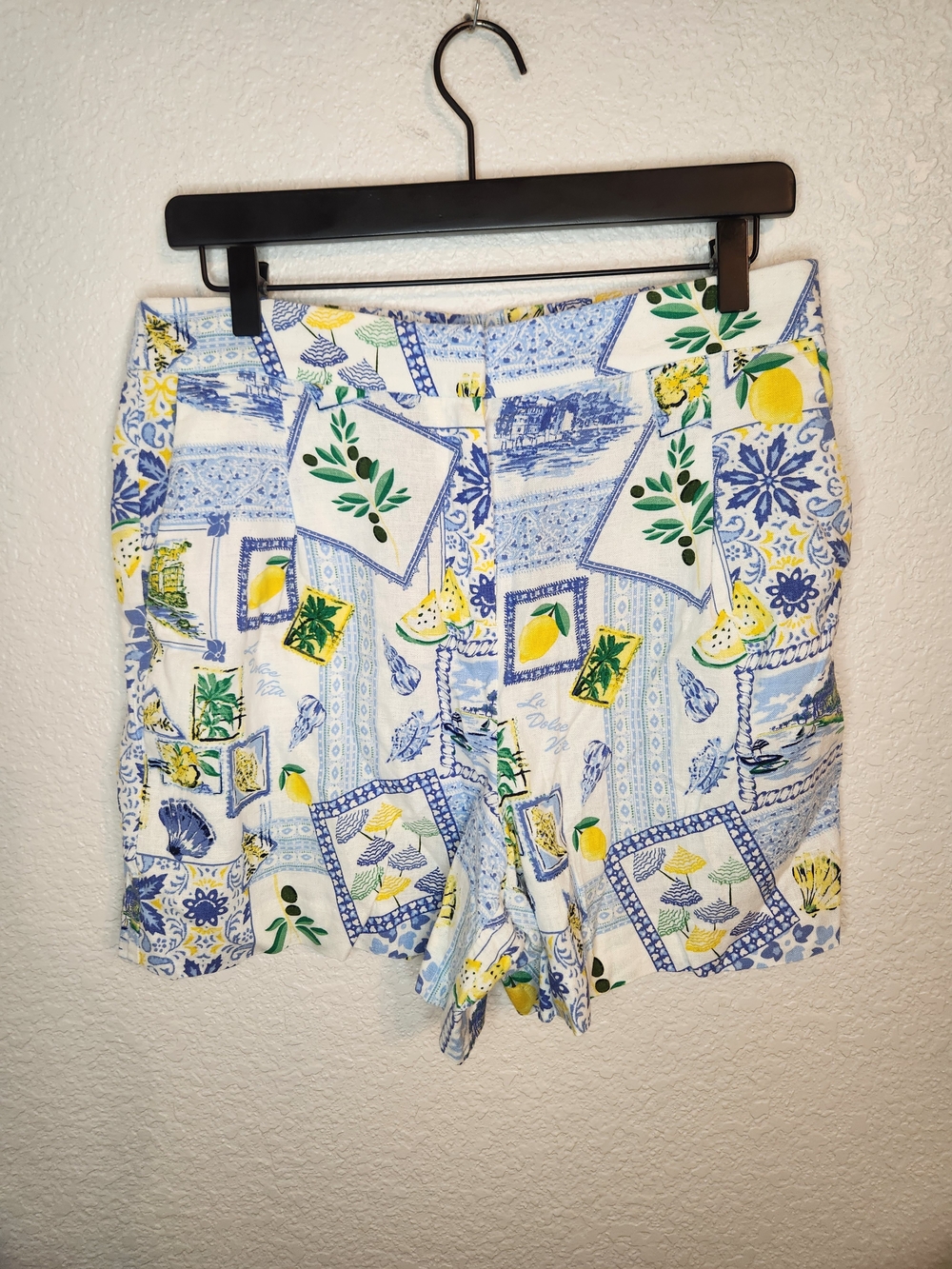 J.Crew Linen Blend Lemon Print Shorts Women's Size 10 Blue Yellow Pleats Pockets